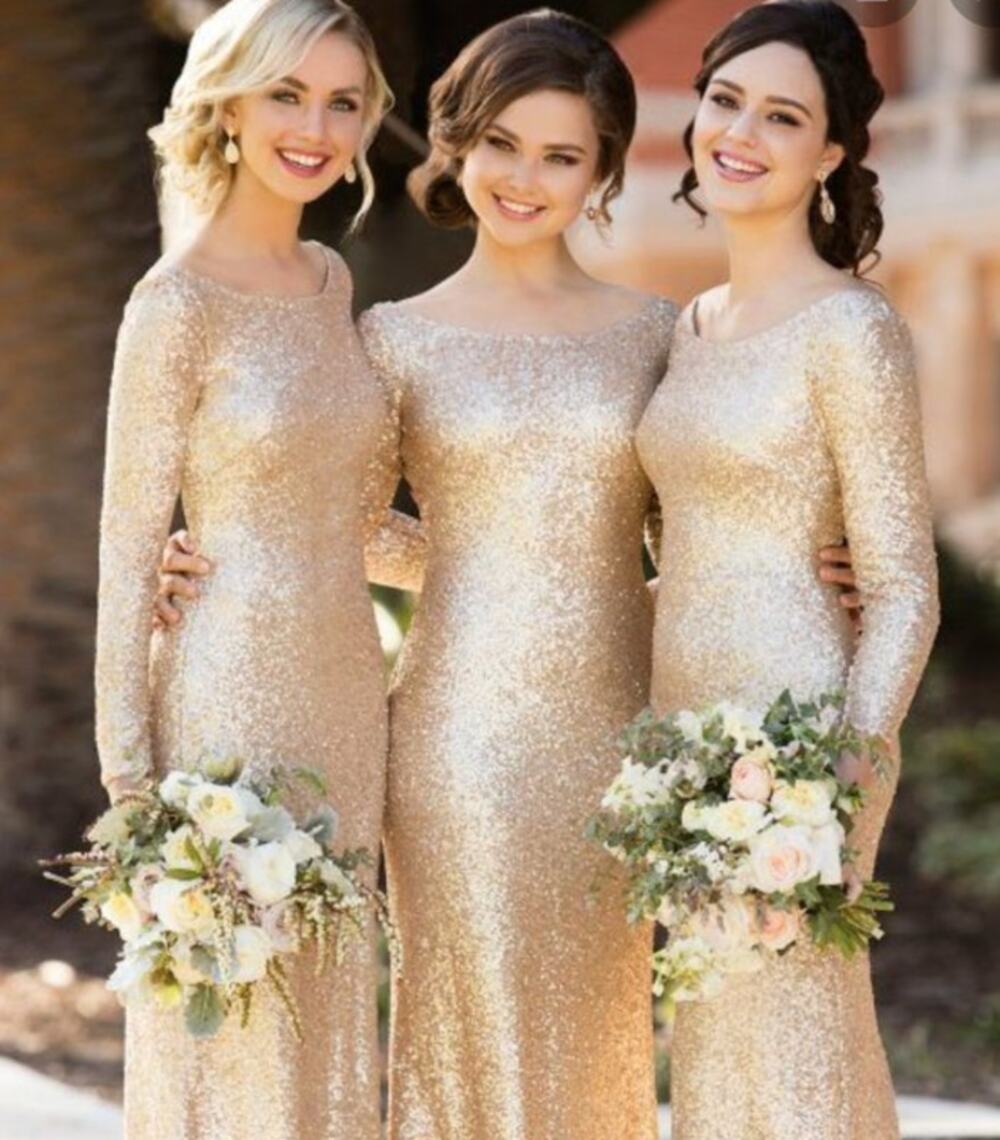 Sorella Vita 8848 Bridesmaid Gown Sequin Long Sleeve Formal Maxi Dress Gold